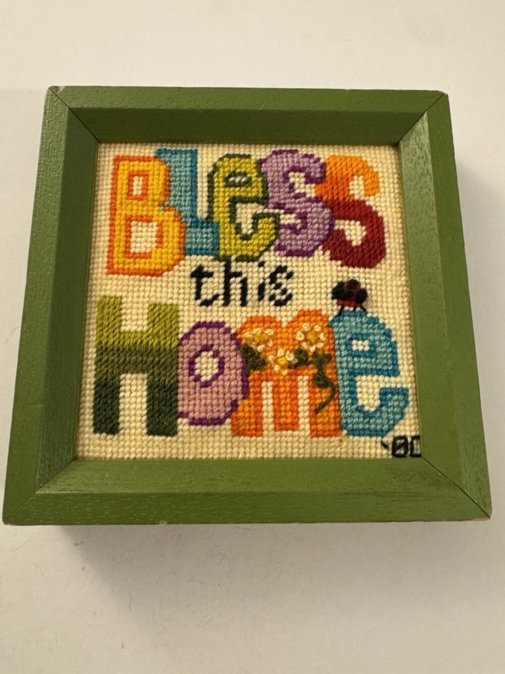 Vintage Bless This Home MCM Needlepoint Framed Wall Art 7 x 7 Green Wood K1